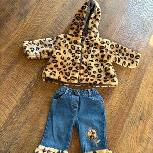 Hopscotch 2 piece set, leopard trimmed blue jeans & leopard print jacket, 3-6 mo